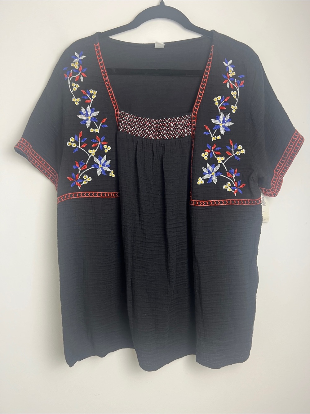 NEW Old Navy‎ XL Black Colorful Embroidered Short Sleeve 100% Cotton Gauzy Top